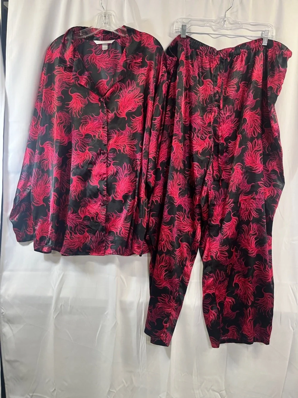 Cacique Black and Hot Pink Feather-Print Satin Pajama Set - Picture 1 of 6